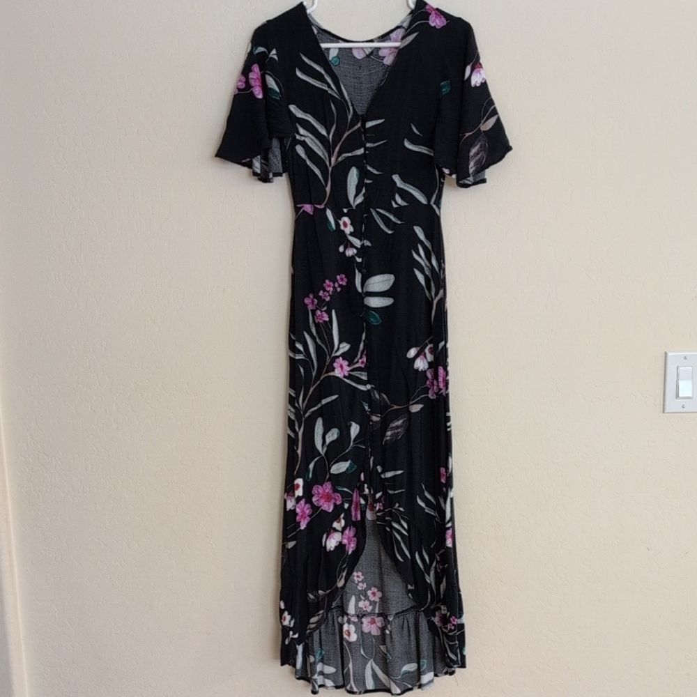 Cotton On Floral Navy Blue Button Up Hi Low Dress - Size XS